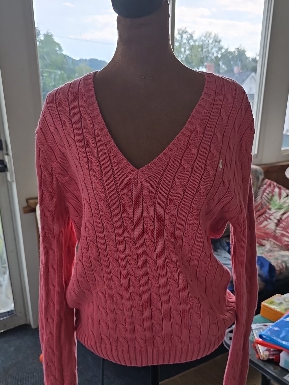 Ralph Lauren Pink Cable-Knit V-Neck Sweater